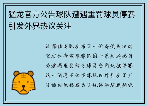 猛龙官方公告球队遭遇重罚球员停赛引发外界热议关注